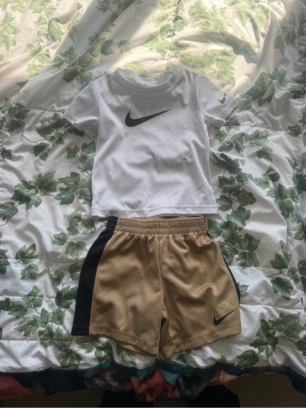 Nike Kids White Tee with Tan and Black Athletic Shorts